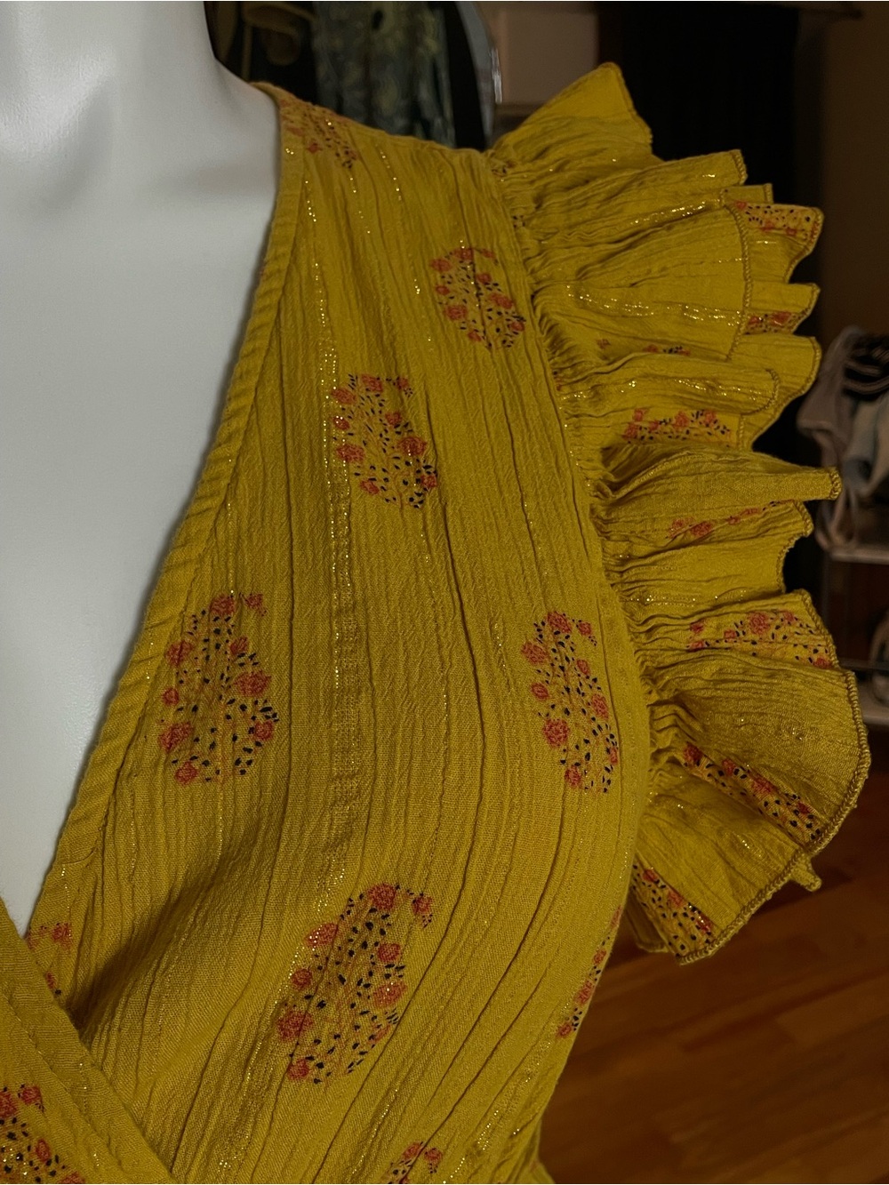 A Loves A Yellow Floral Metallic Stripe Ruffle Sleeve Belted Maxi Dress XL - Picture 4 of 9
